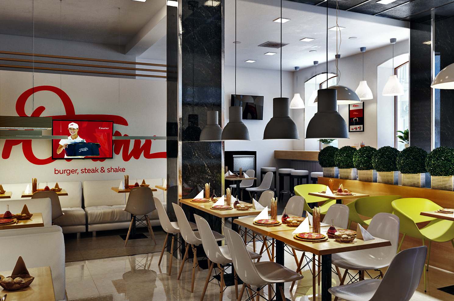 Проект интерьера с разработкой айдентики для сети кафе бистро "Юмми"