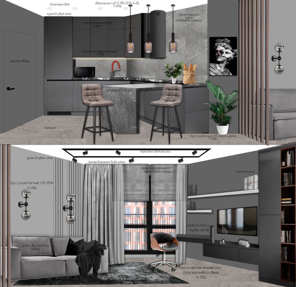 Эскизный проект с коллажами для 1-комнатной квартиры