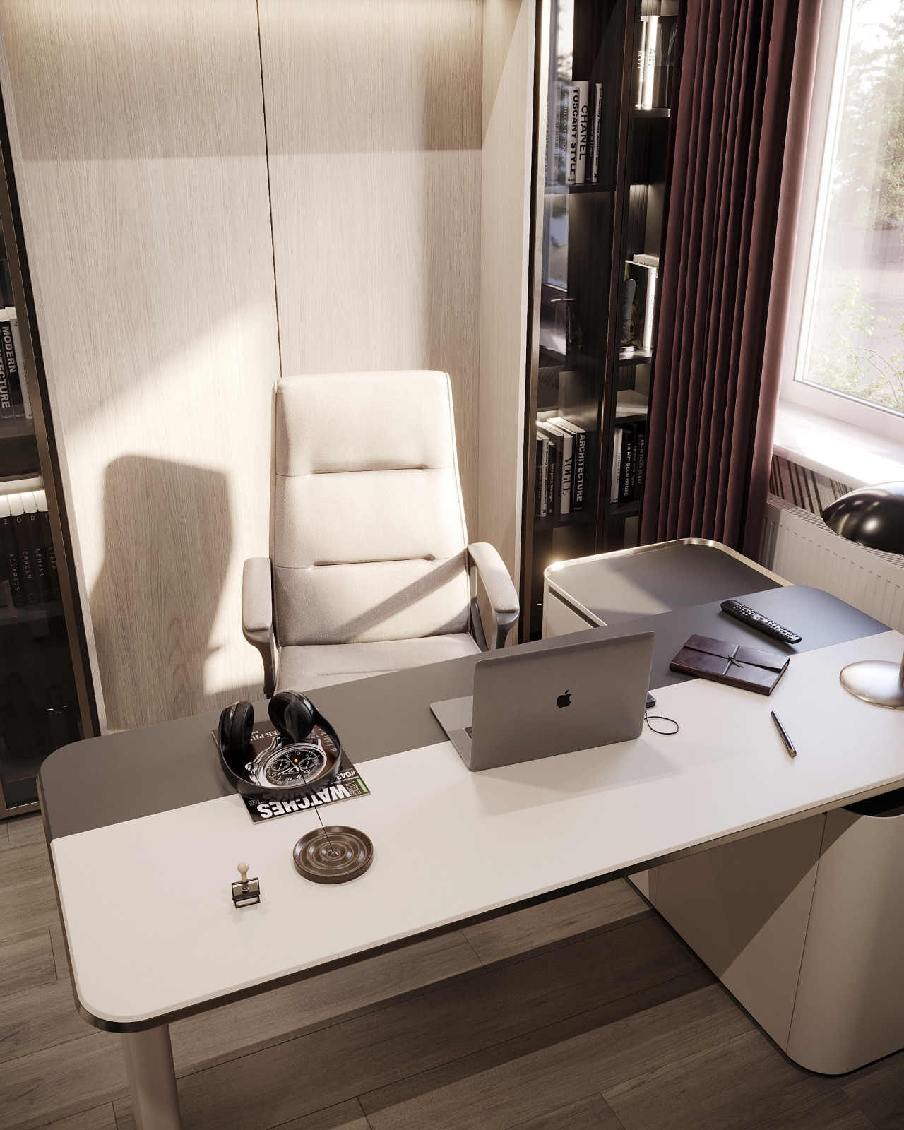 Дизайн и 3д-визуализация кабинета в загородном доме. Вариант 1.