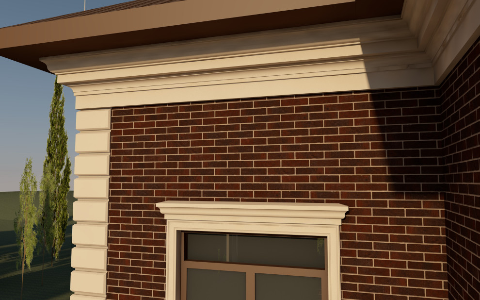 Фасады загородного дома и гаража в коттеджном поселке