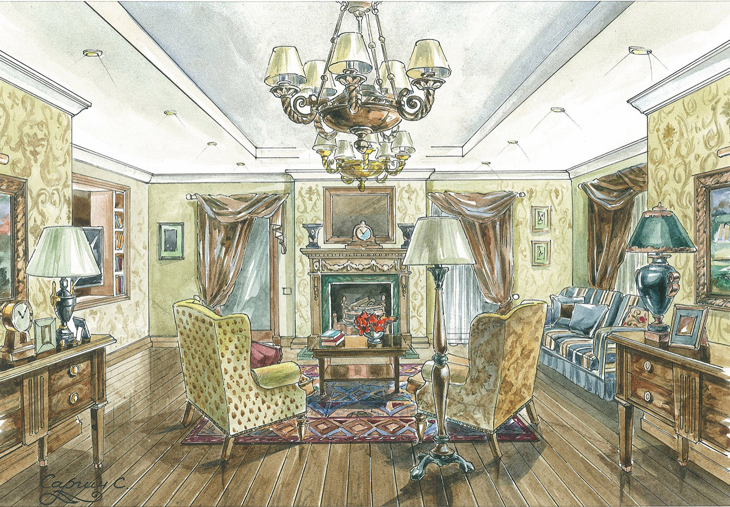 Обложка проекта: Эскизы к дизайн-проекту загородного дома в английском стиле.