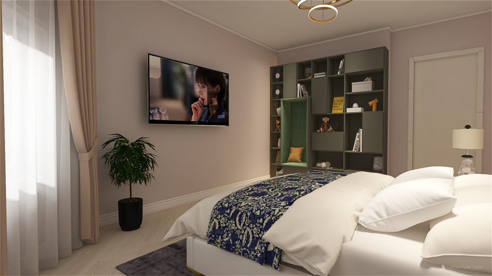 Спальня в однокомнатной квартире в спокойных тонах.