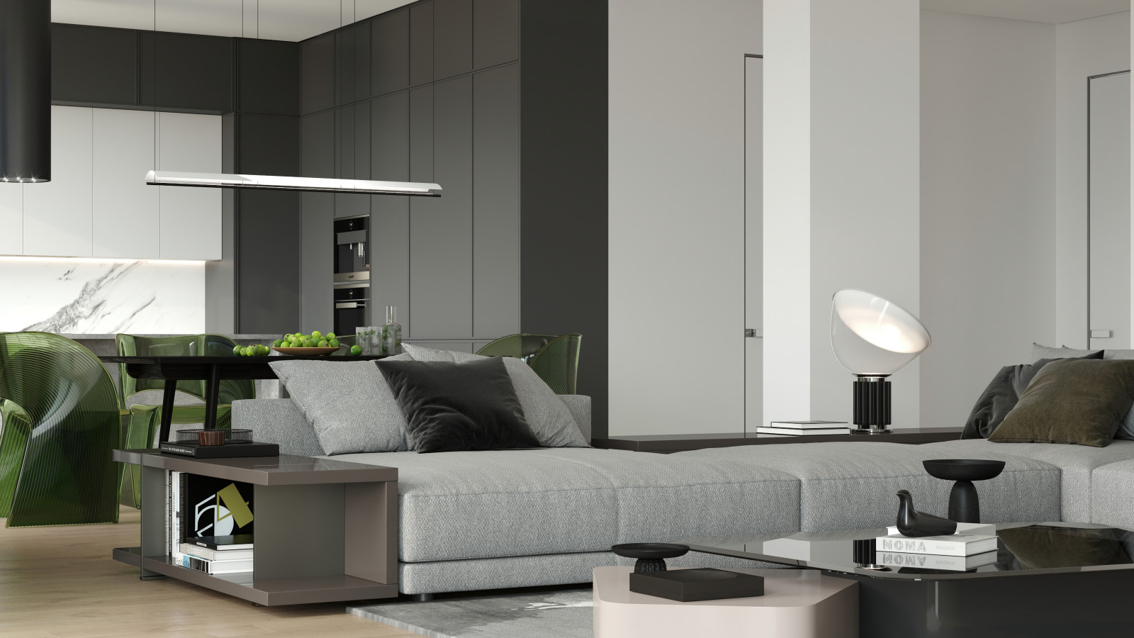 Дизайн и визуализация кухни-гостиной в загородном доме