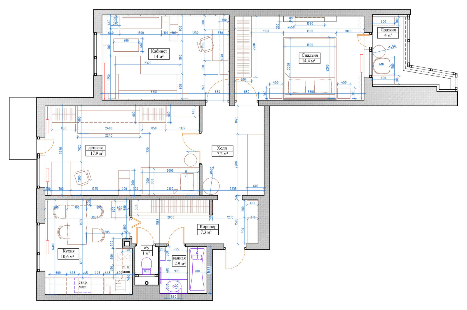 Трехкомнатная квартира 75м2 в стиле лофт, в доме серии П-3