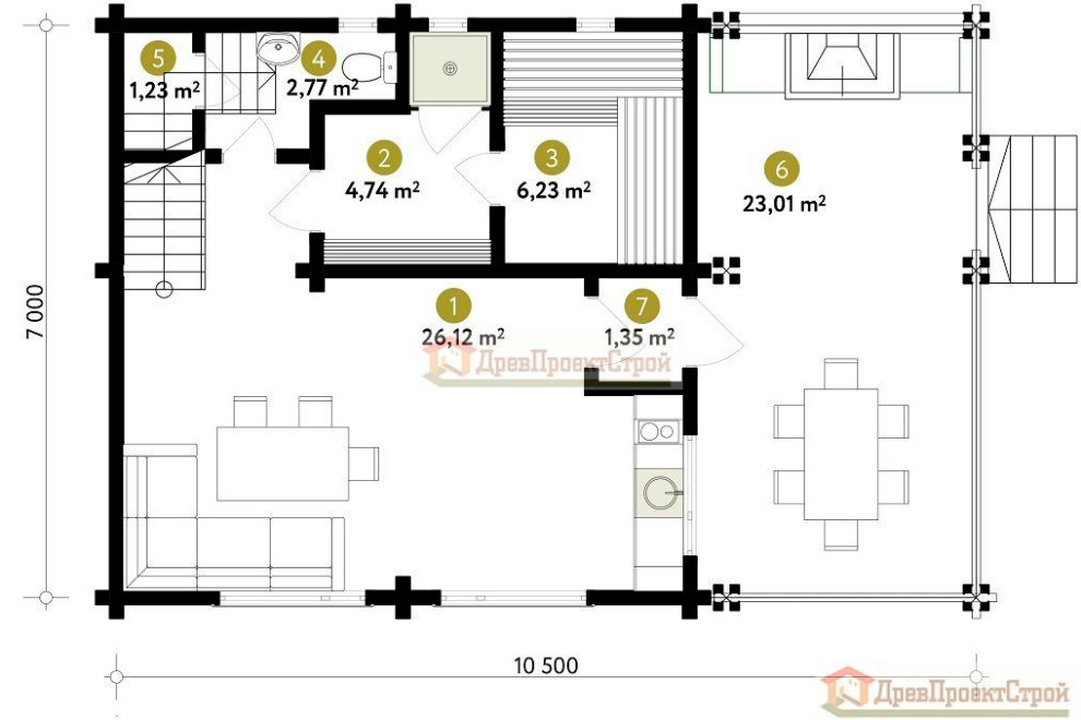 Проект бани № 159. Баня из бруса массива естественной влажности 140 х 140, 106,