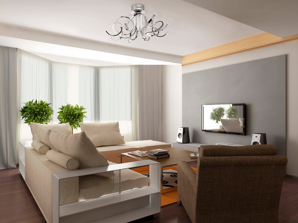 Сочетание бежевых и серых оттенков в современной гостиной