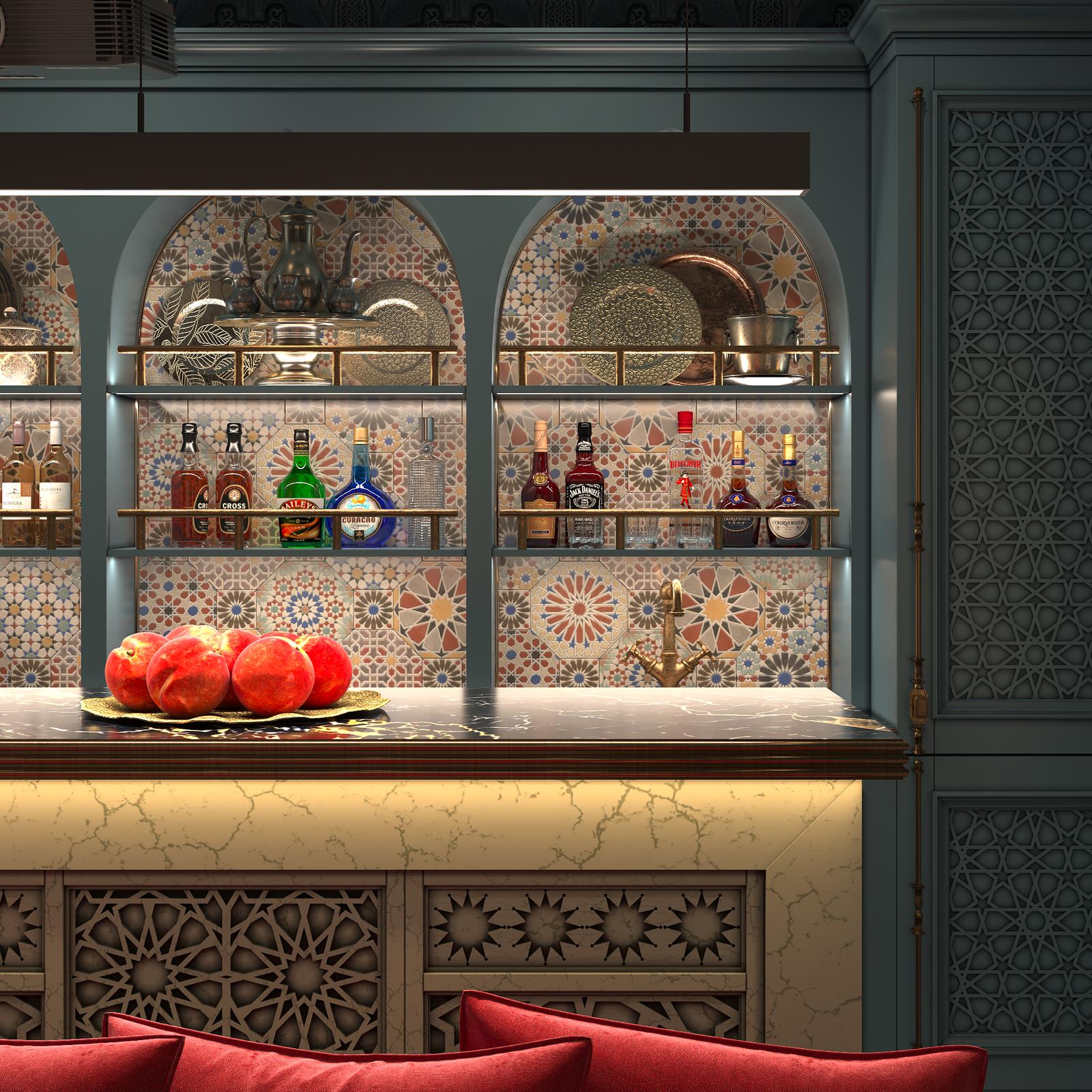 Интерьер Кинозала в цокольном этаже загородного дома в Восточном стиле