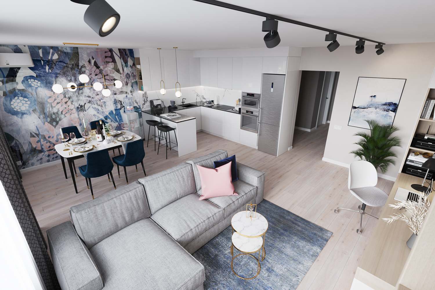 Кухня-гостиная с акцентной фреской