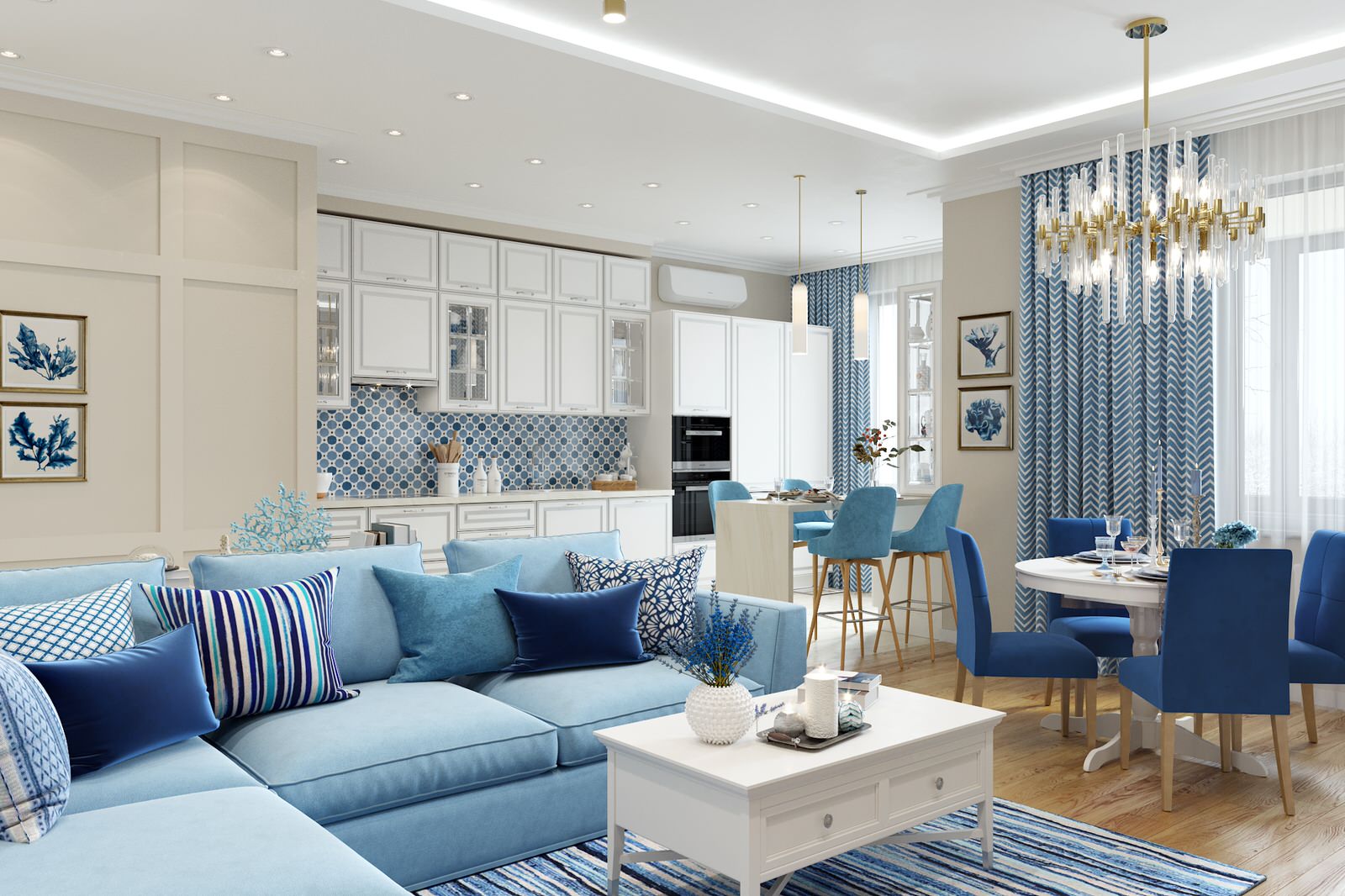 Нежный бело-голубой интерьер