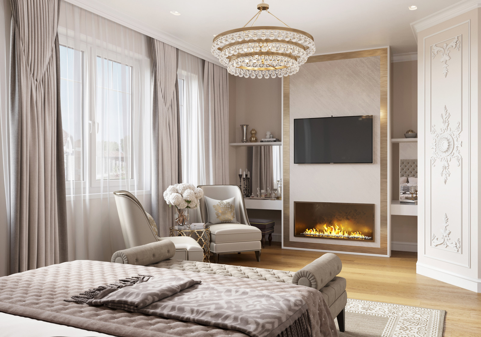 Элегантная спальня с камином