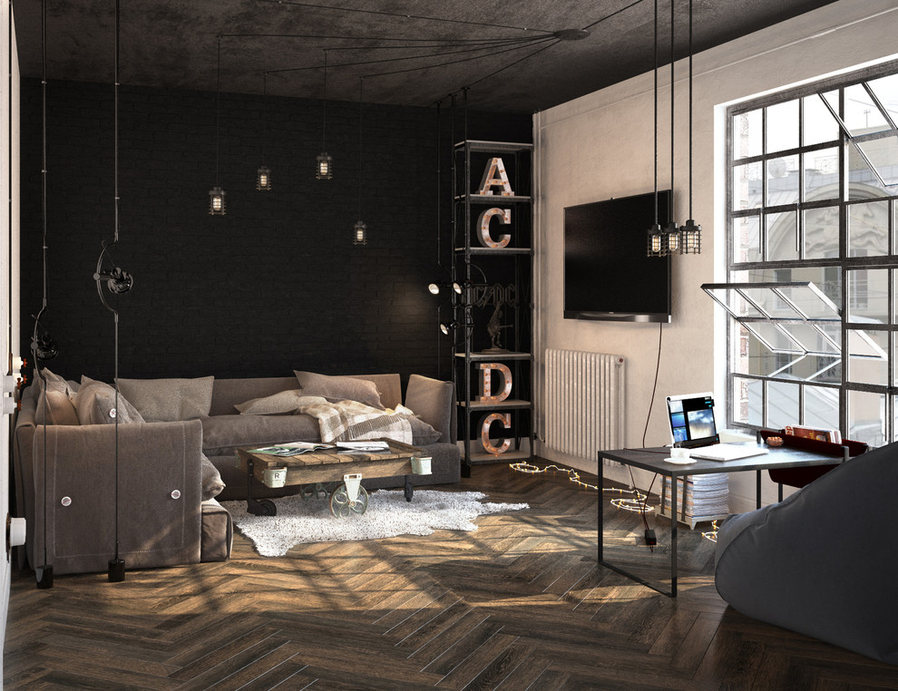 Дизайн и визуализация спальни с гостиной для заядлого холостяка в стиле лофт