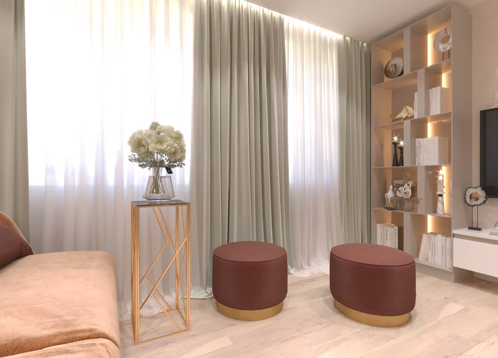 Дизайн-проект  интерьера гостиной  в стиле Контемпорари с элементами Арт-Деко.