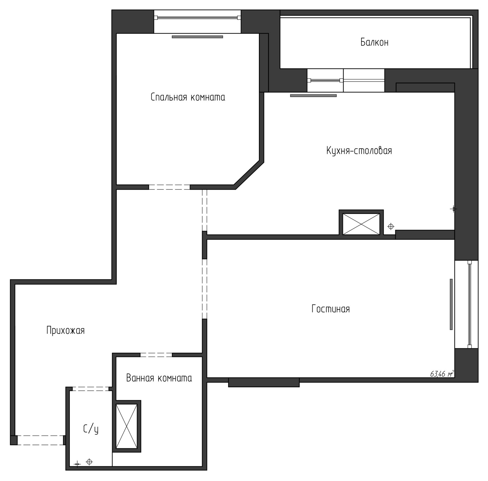 Дизайн-проект. Из 2-шки в 3-шку.  ЖК "Левобережный". Тула. 2018 г.