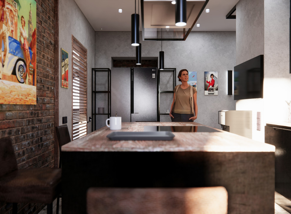 Квартира в Москве в стиле лофт, кухня, холл, санузел, кладовая. 2020 г.