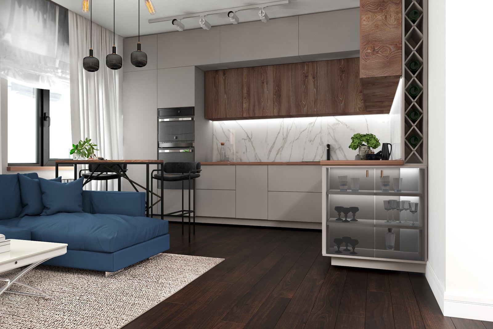 Soft Loft для холостяка кухня-гостиная и прихожая