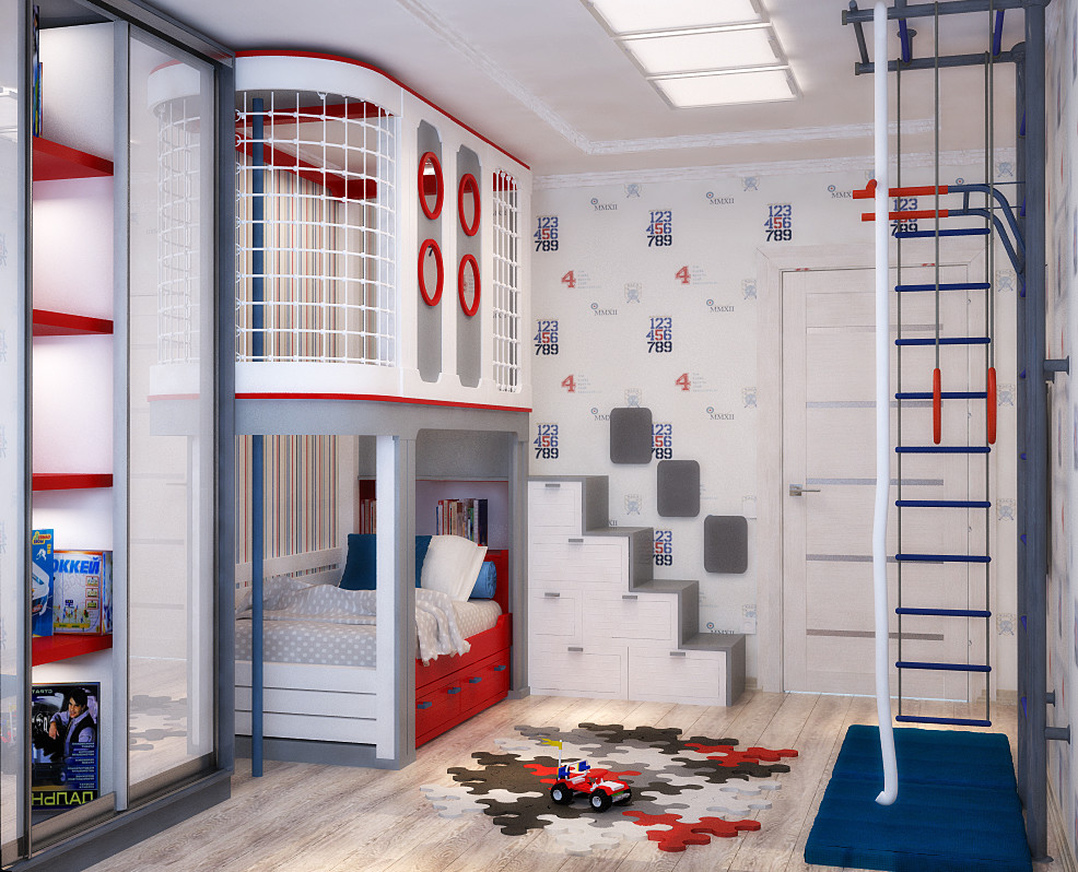 Sportive kids room for 2 children in blue and red - 3D vizualization