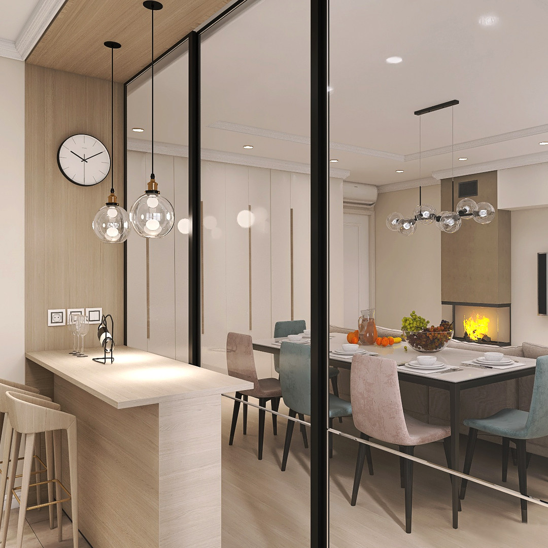 зона кухни отделена раздвижной стеклянной перегородкой