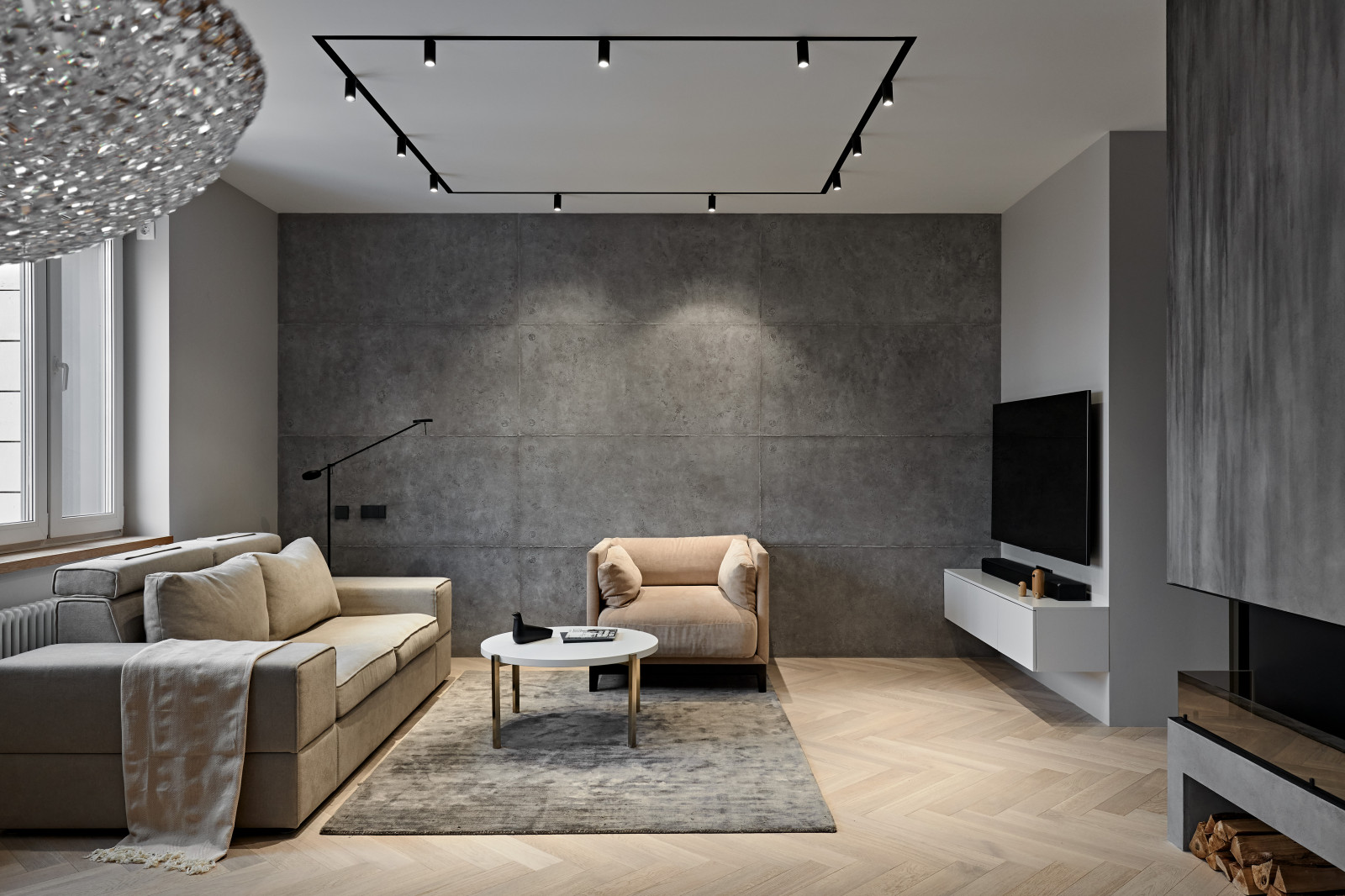 Каминная застройка. Кофейный стол. Подвесная тумба под TV.