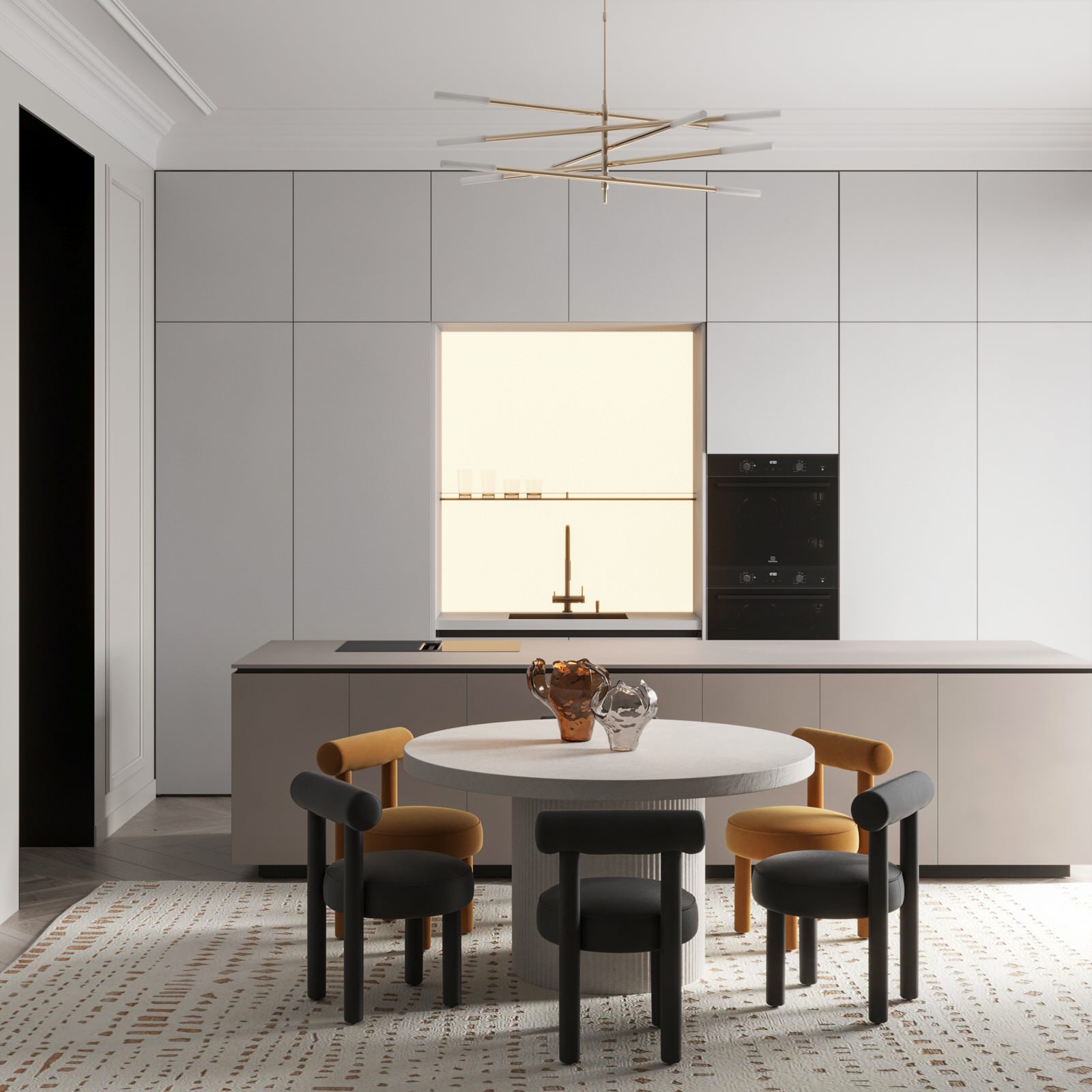 Интерьер квартиры с камином и необыкновенной спальней.