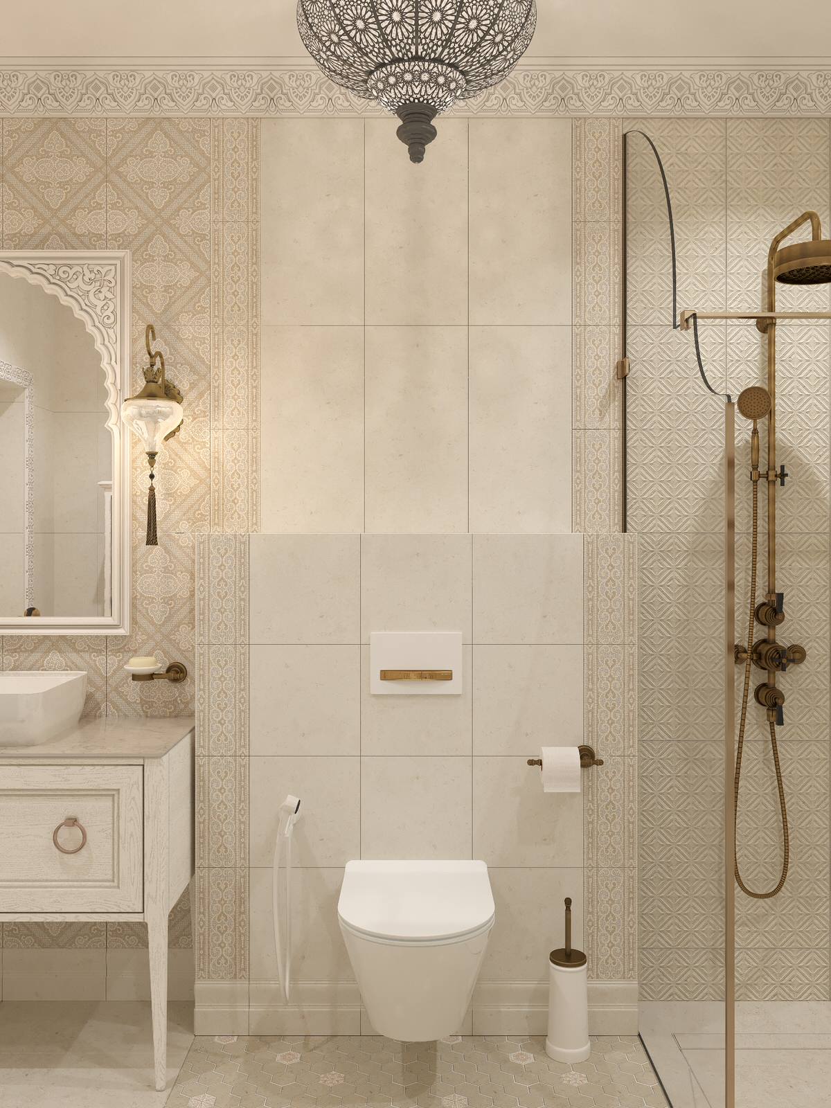 Интерьер санузла в цокольном этаже загородного дома в Восточном стиле