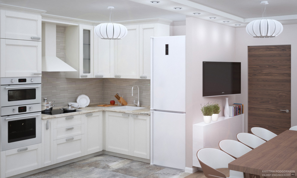 Визуализация интерьера квартиры в современном стиле с классической кухней