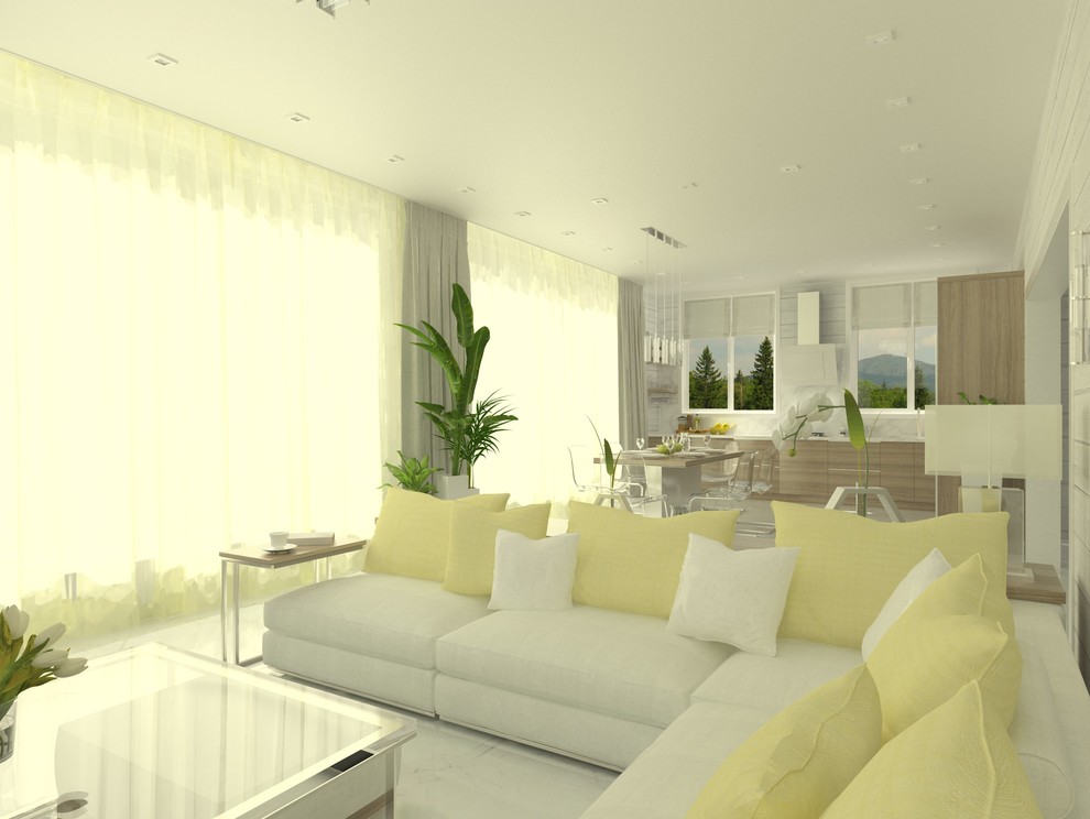 Интерьер кухни-гостиной в загородном доме из клееного бруса, г. Ижевск