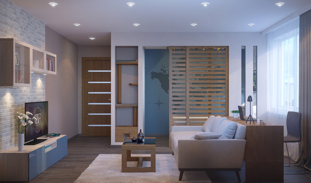 Дизайн проект комнаты 21кв/м с зоной спальни, рабочей, тв зоной и маленький угол