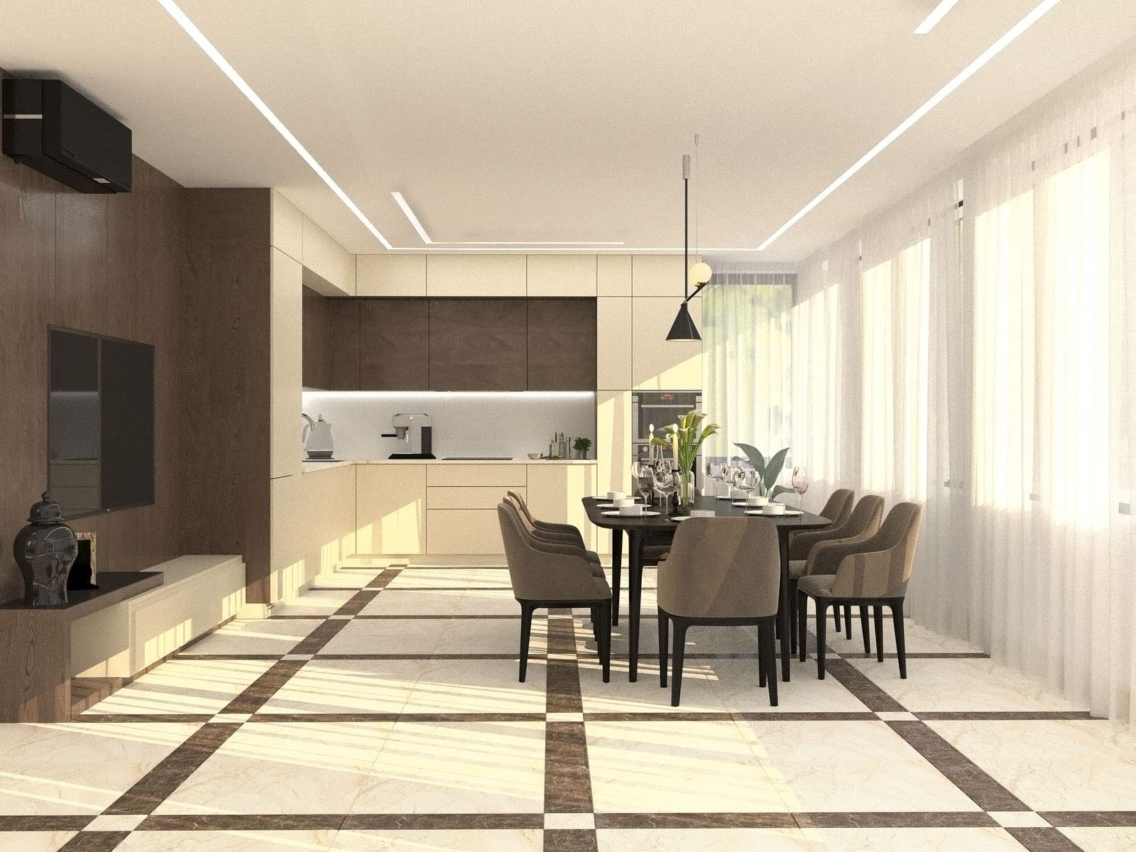 Гостиная и кухня в загородном доме