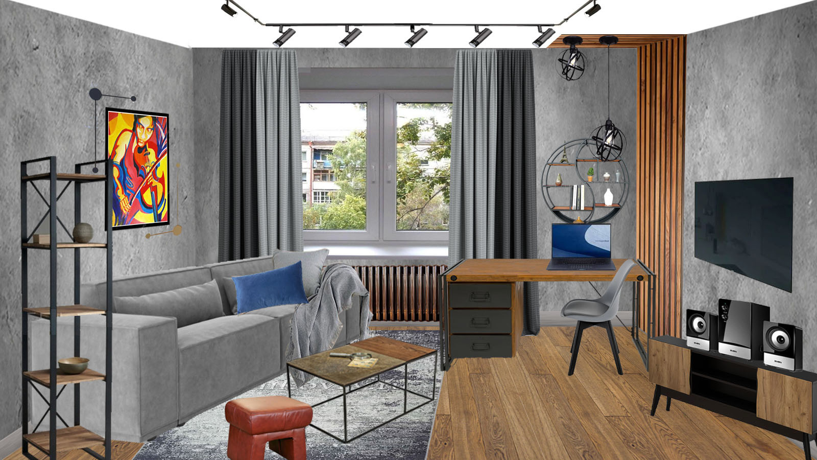 Обложка проекта: Проект жилой комнаты с зонированием гостиной, спальни и кабинета