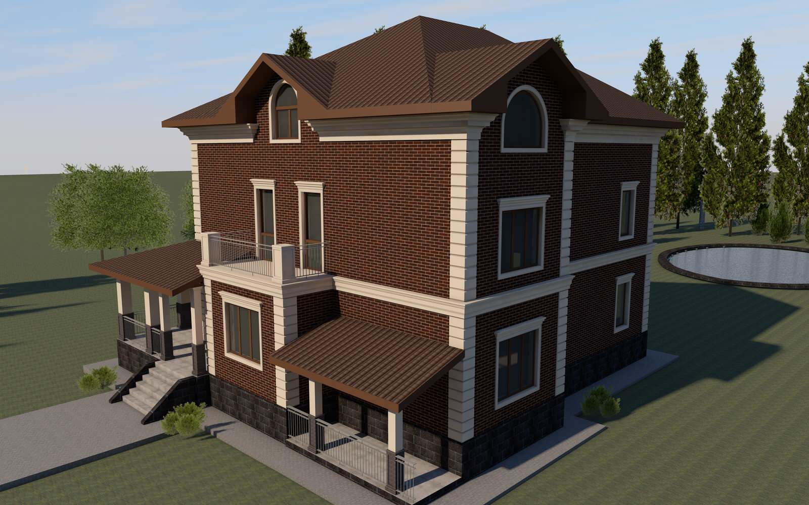 Фасады загородного дома и гаража в коттеджном поселке