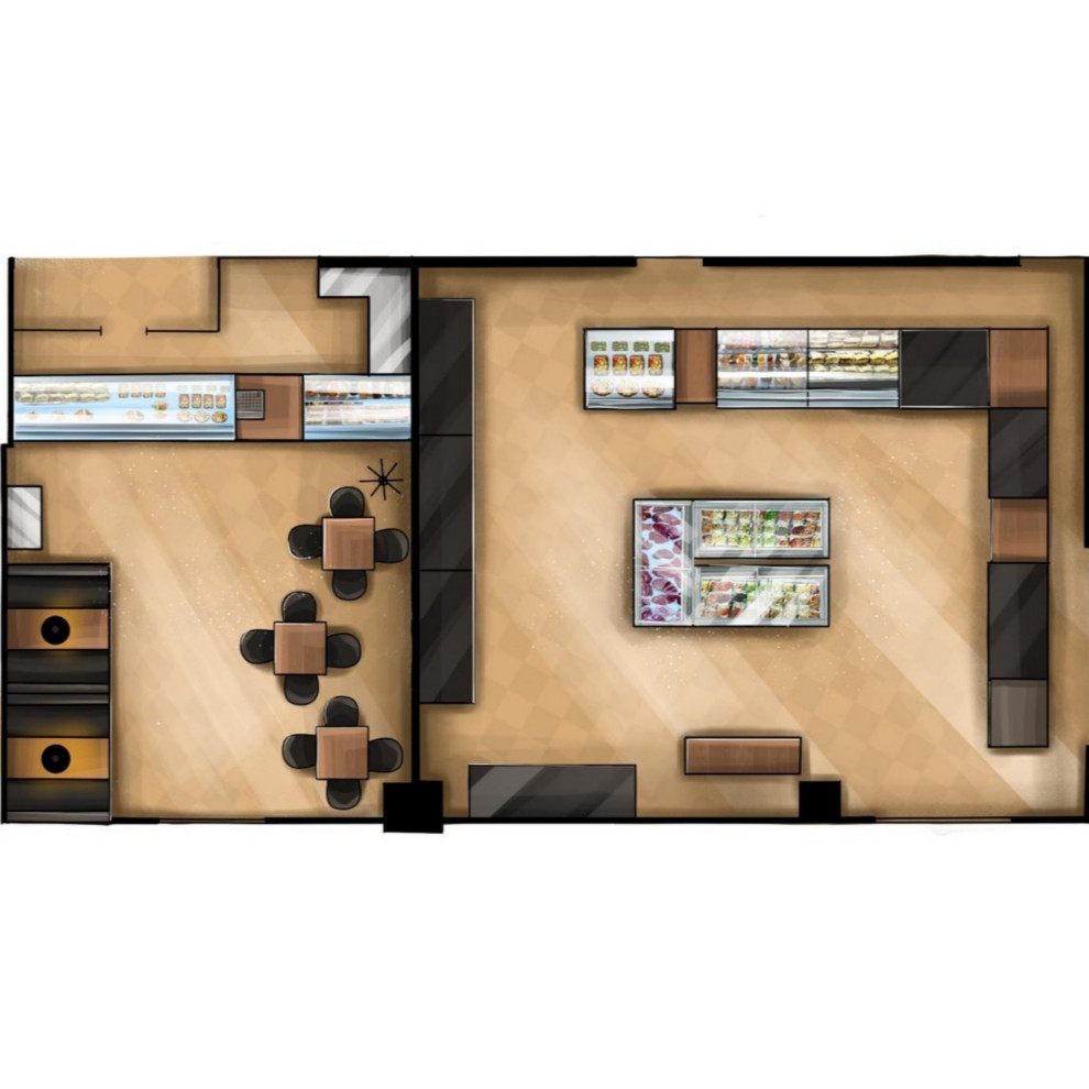 План расстановки мебели и оборудования кафе и гастромаркета