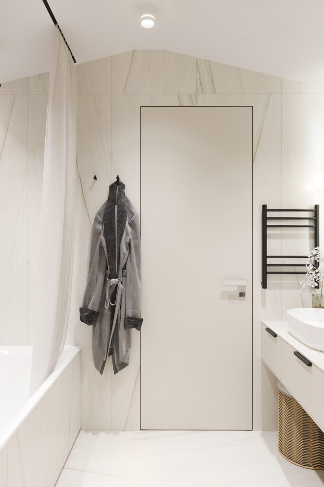 Белые интерьеры спальни и ванной комнаты