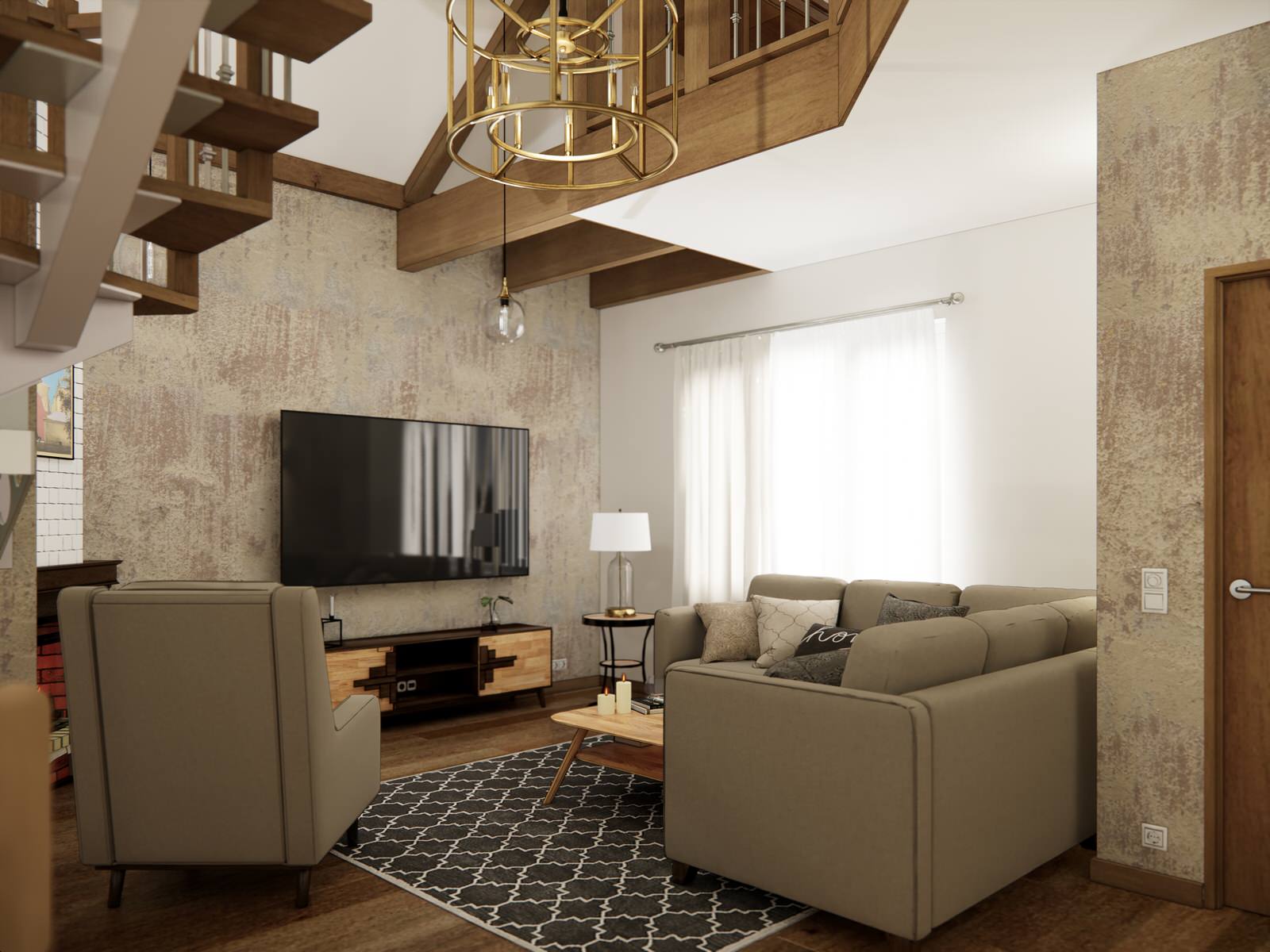 Дом в немецком стиле: кухня и гостиная с камином и лестницей