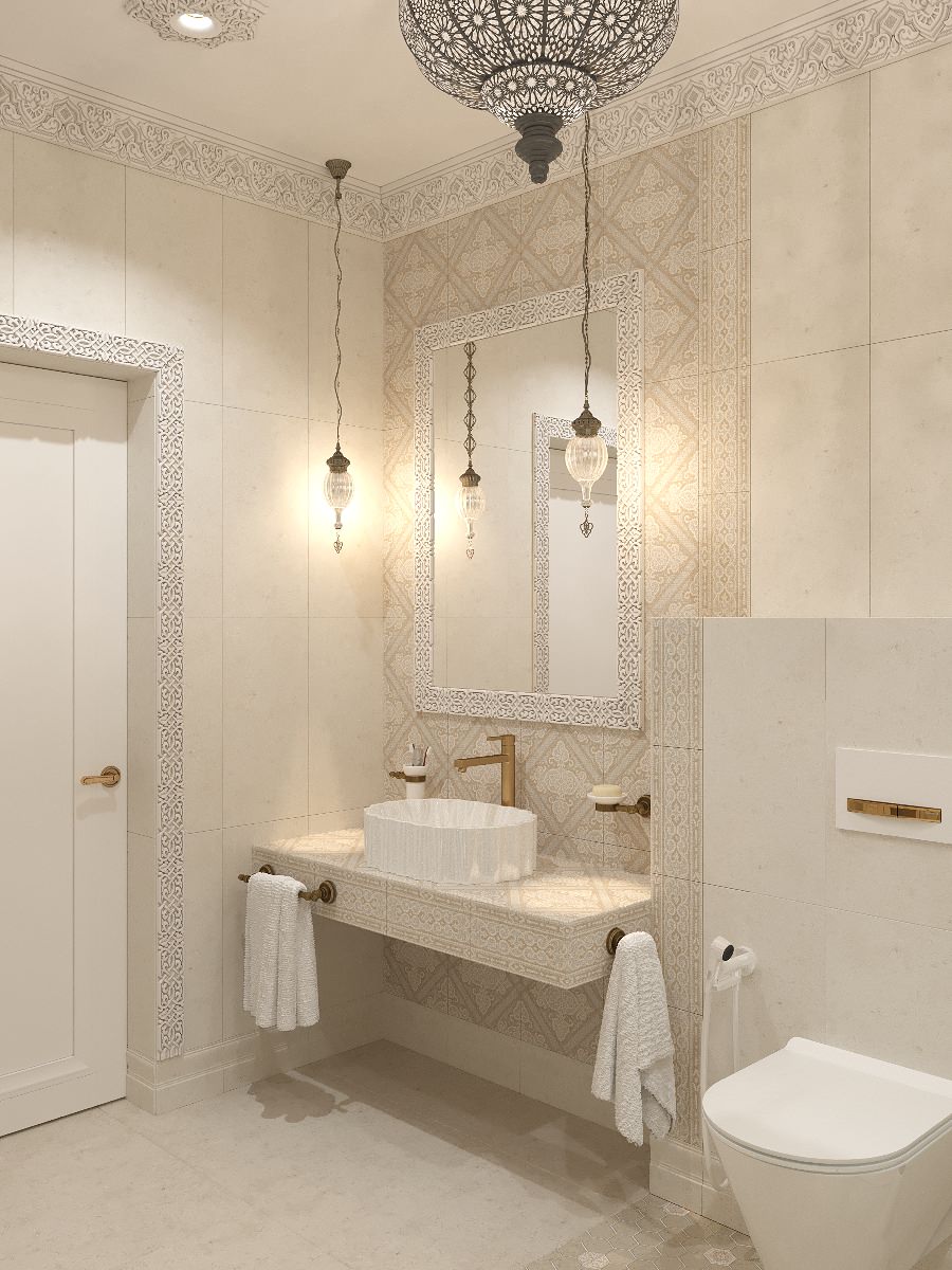 Интерьер санузла в цокольном этаже загородного дома в Восточном стиле.