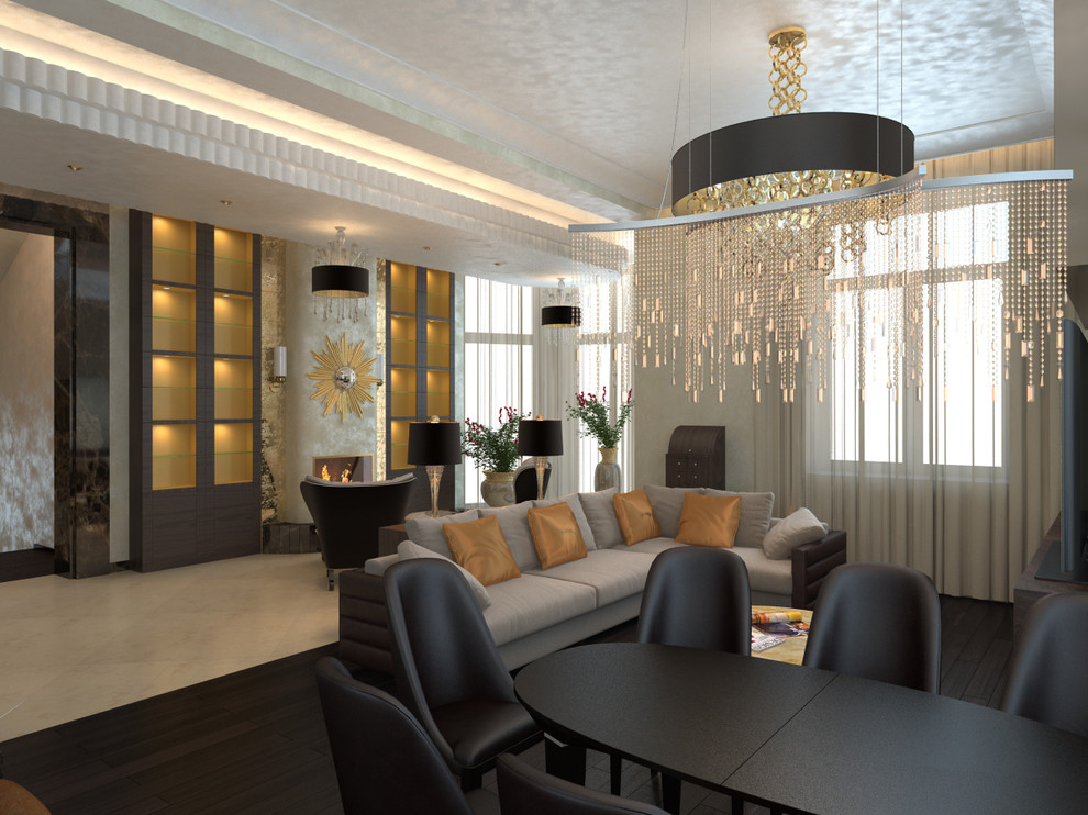 Проект коттеджа. Гостиная, столовая, кухня, каминная зона