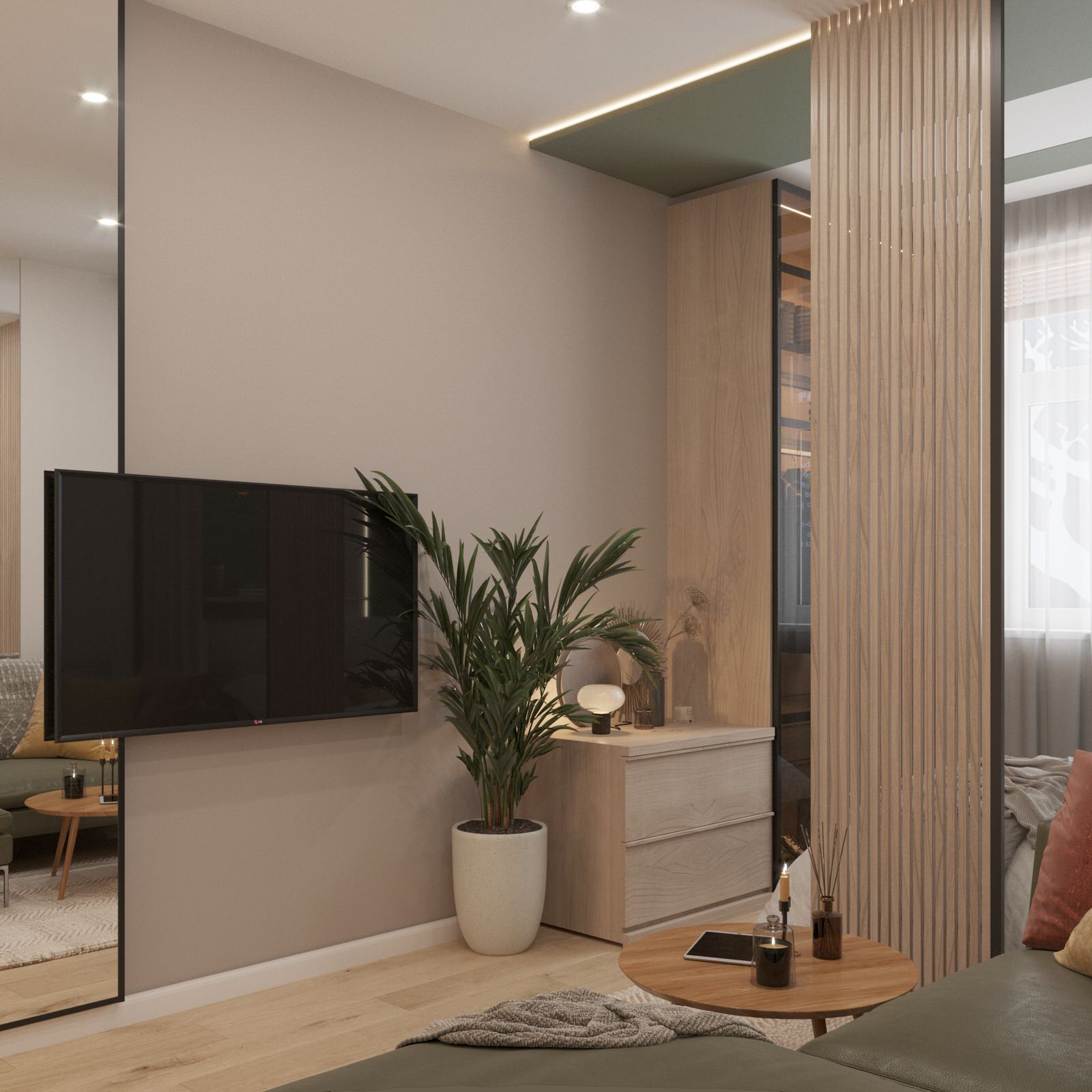 Спальня-гостиная из проекта квартиры для молодой пары