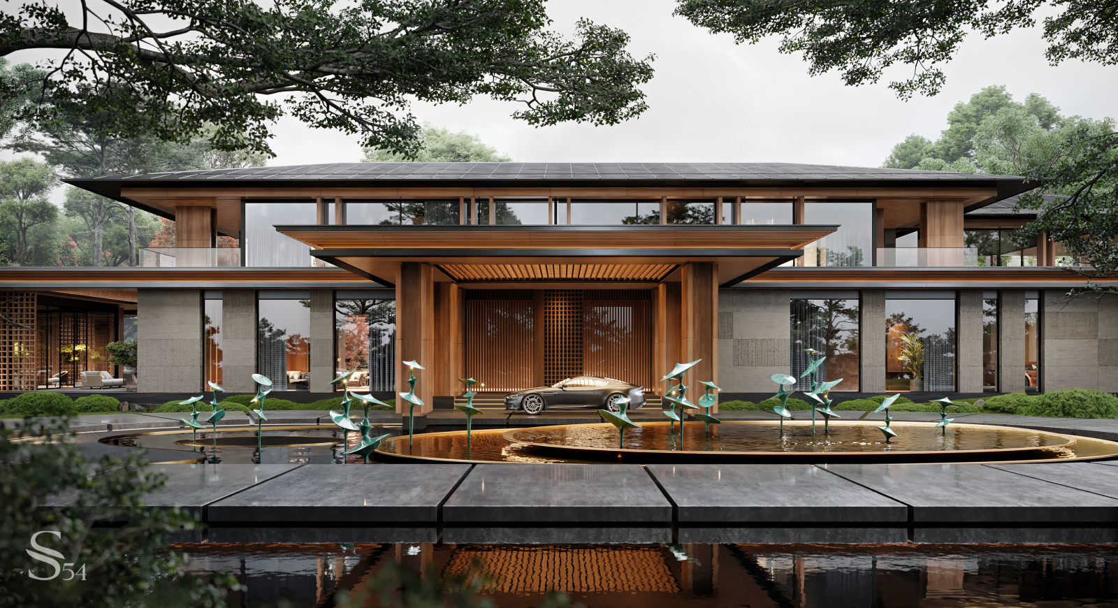 Внешний облик дома с водной композицией