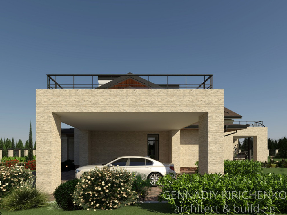 Проект двухэтажного дома с мансардой и навесом под два авто.