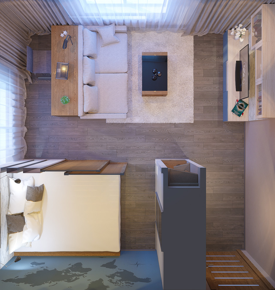 Обложка проекта: Дизайн проект комнаты 21кв/м с зоной спальни, рабочей, тв зоной и маленький угол