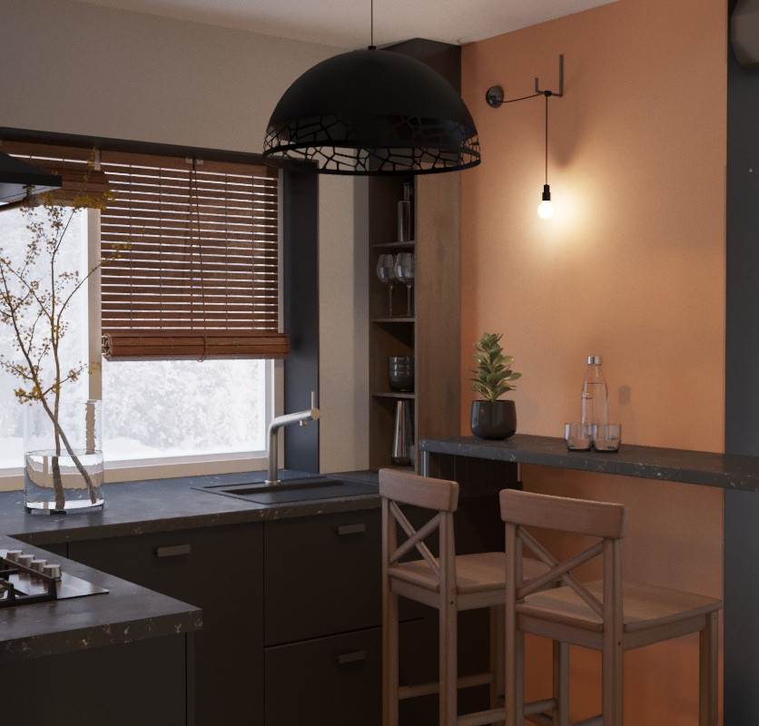 Маленькая кухня в доме из бруса с камином