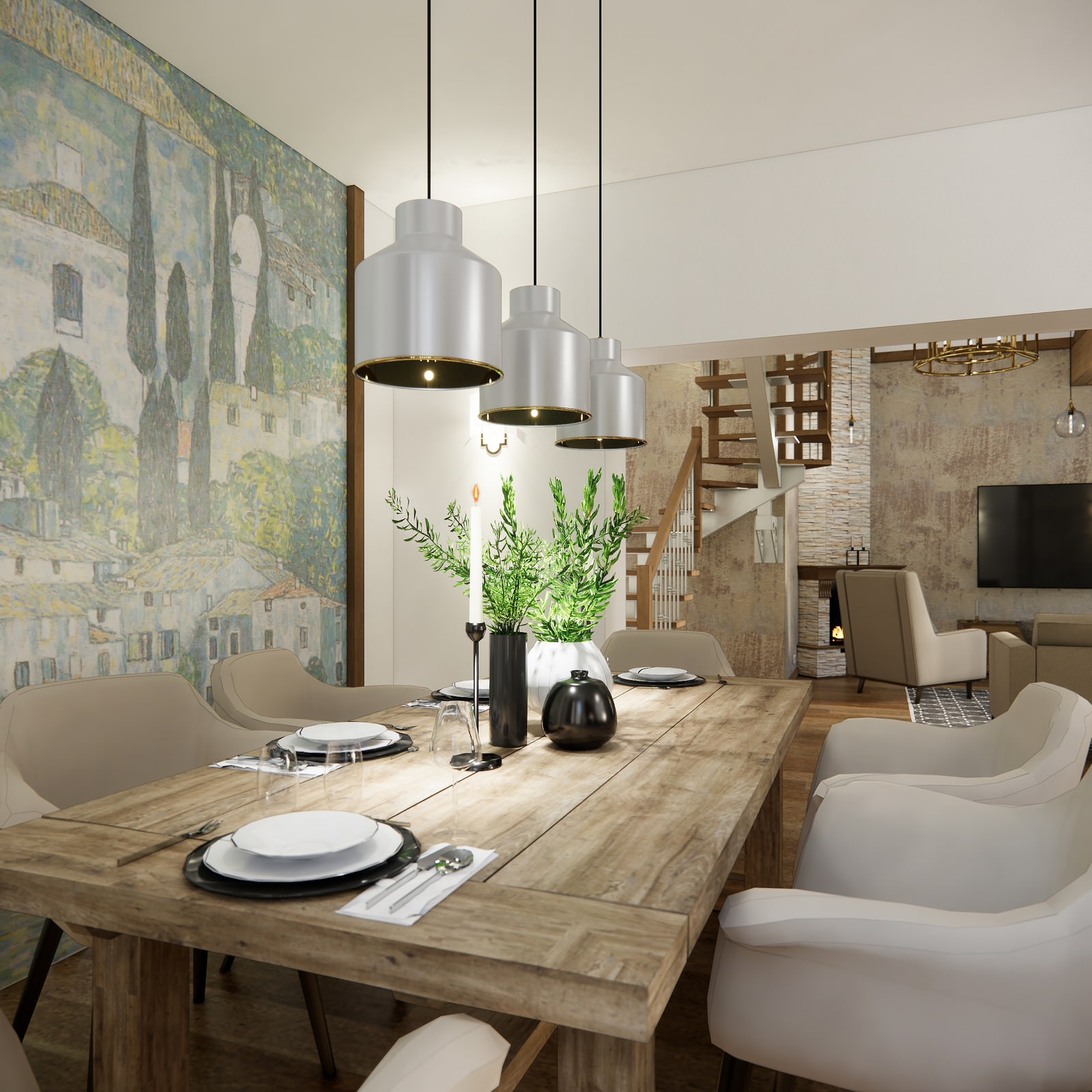 Дом в немецком стиле: кухня и гостиная с камином и лестницей