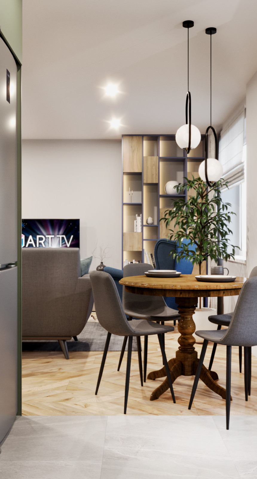 Гостиная, совмещённая с кухней, в природных тонах