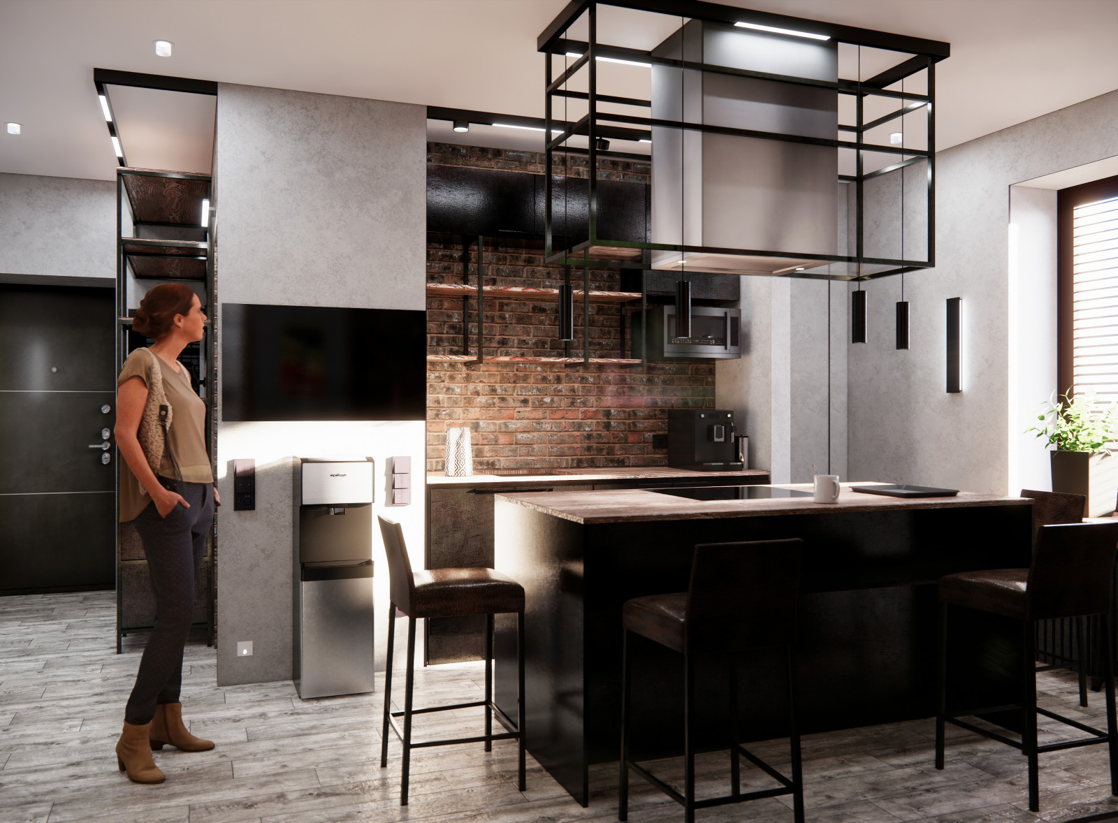 Квартира в Москве в стиле лофт, кухня, холл, санузел, кладовая. 2020 г.