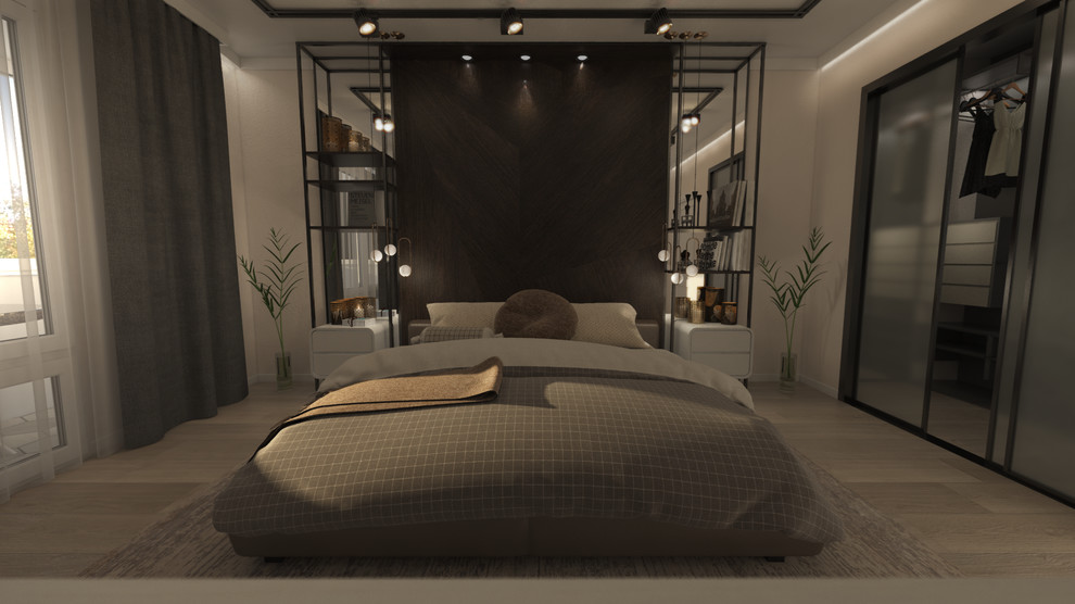 Спальня с гардеробной для молодой пары.