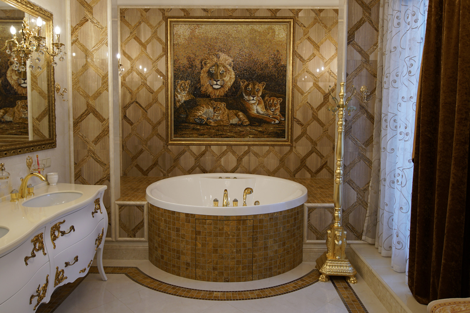 Обложка проекта: Artistic mosaic "LIONS" in the classic bathroom