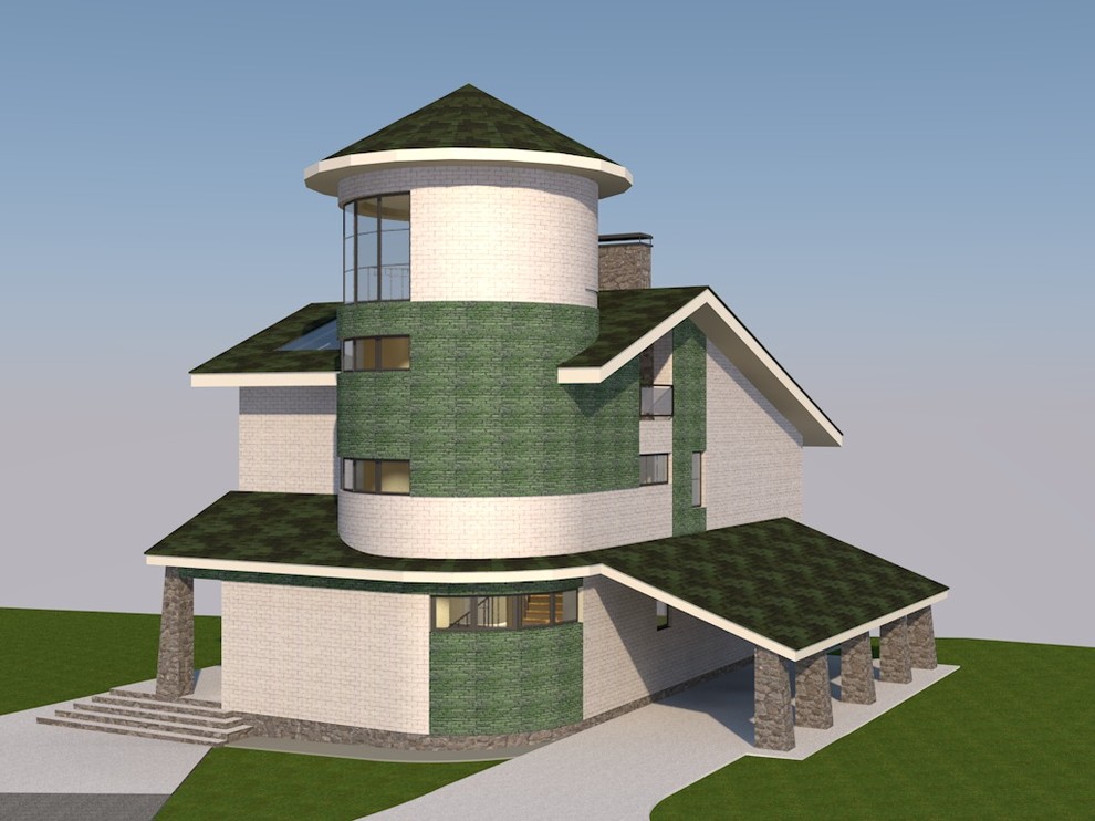 18-080 Трехэтажный жилой дом с башней и террасой под крышей