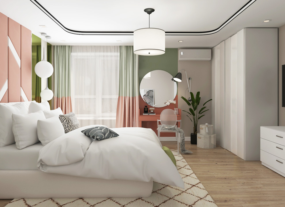 Сочетание кораллового и зеленого в спальне