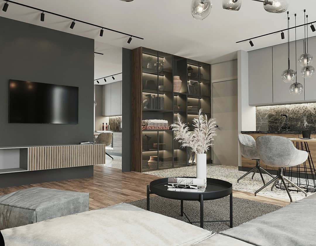 Обложка проекта: Современная кухня-гостиная для тех, кто не боится темные оттенки