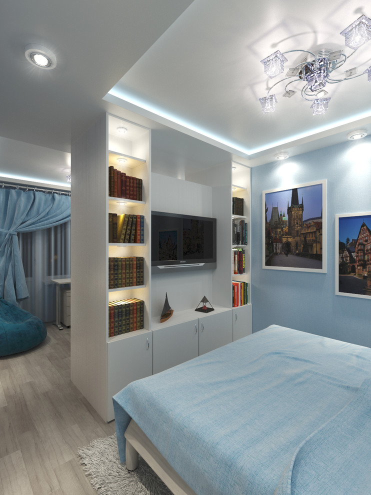 Уютная и многофункциональная комната в голубых тонах.