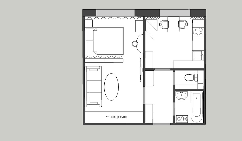 Пример расстановки мебели 1к квартира 33 кв.м